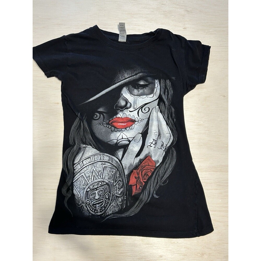 La Catrina Chola Dia de los Muertos T-Shirt Women’s Small Baby Tee Black